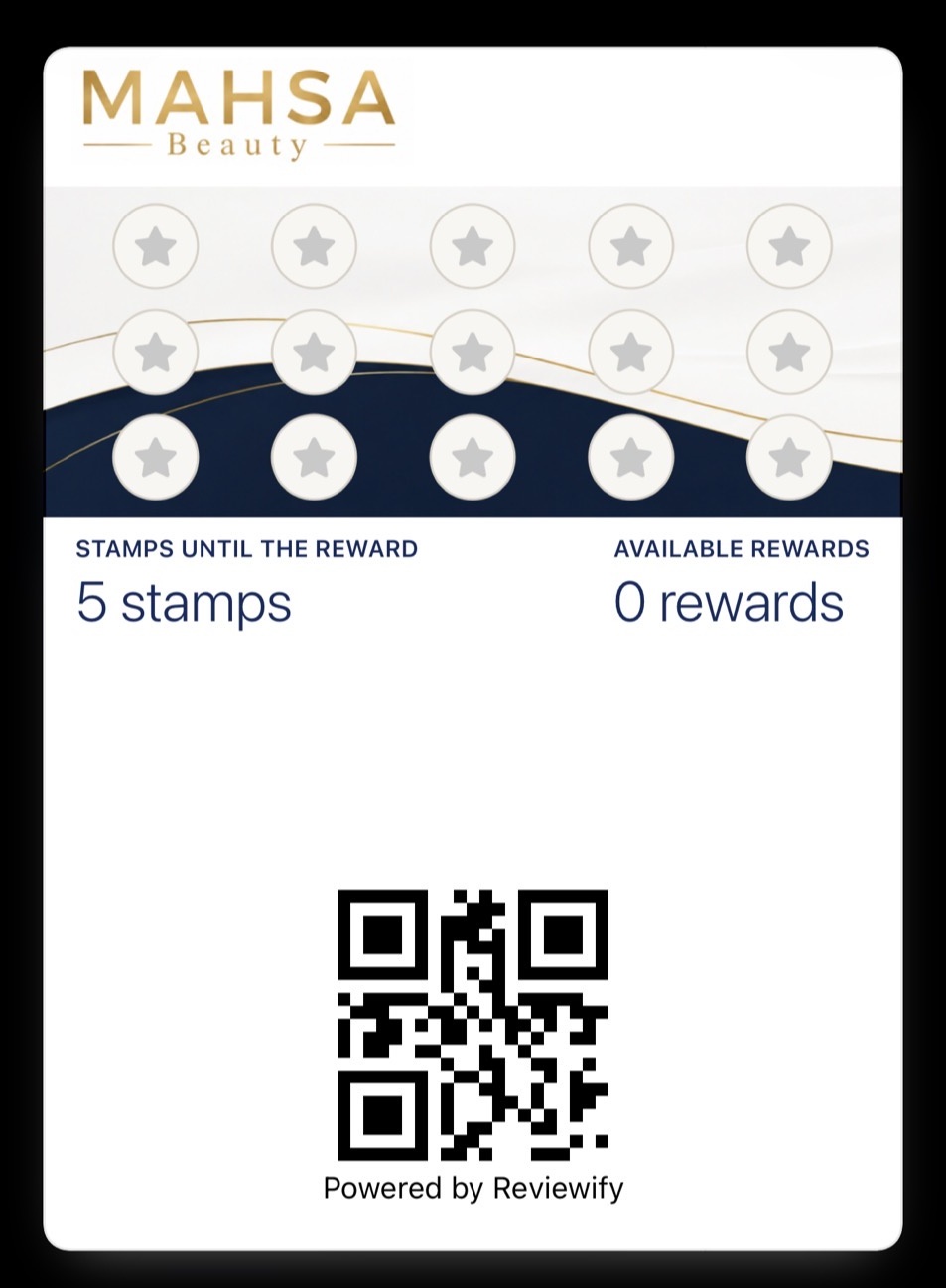 Complete Mahsa Beauty digital loyalty card built with Reviewify, showing branding, star stamps, stamps remaining, rewards and QR code