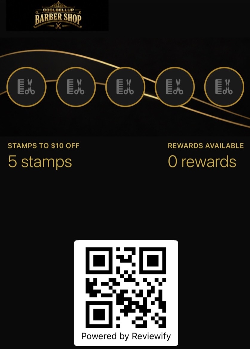 Complete Coolbellup Barber Shop digital loyalty card built with Reviewify, showing branding, stamps, rewards and QR code